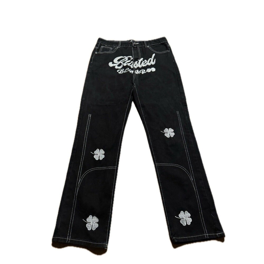 Supermade Blasted Bear Student Embroidered Lucky Clover Black Baggy Jeans Skater